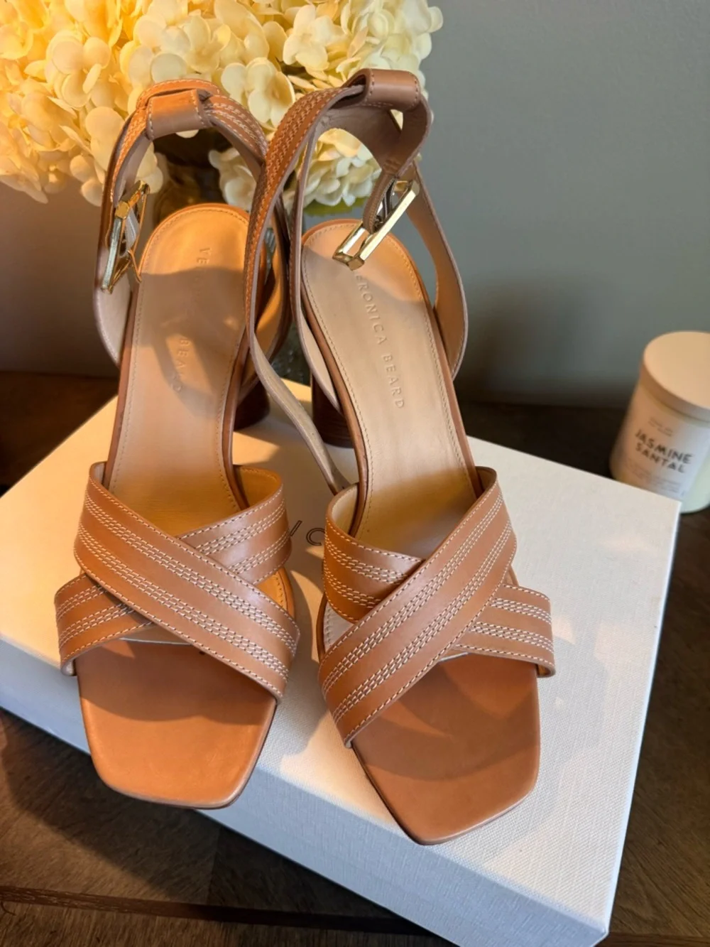 Veronica Beard Tan Leather Block-Heel Sandals with Gold Buckle - Picture 2 of 11